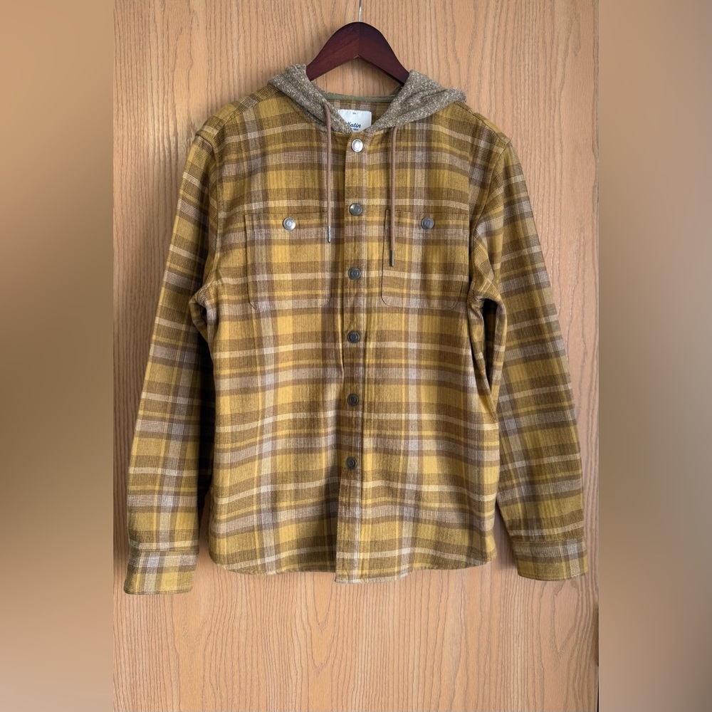 Katin | SZ Small | Harold Hooded Flannel Shirt Yellow Brown Plaid Snap Button